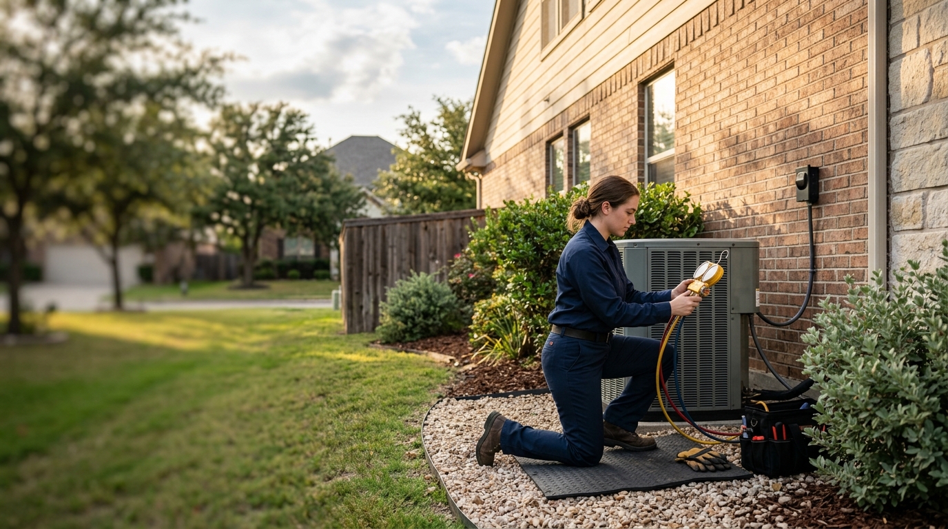 HVAC technician servicing a Dallas home AC unit